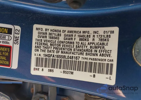 2008 Honda Civic Lx из США, поврежденный, VIN 1HGFA16558L048167